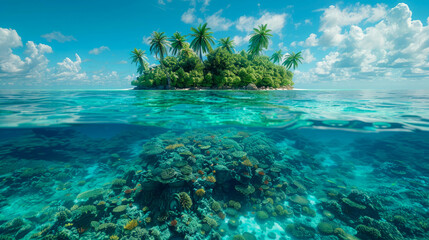 Tropical island with palm trees and coral reef atoll in the ocean