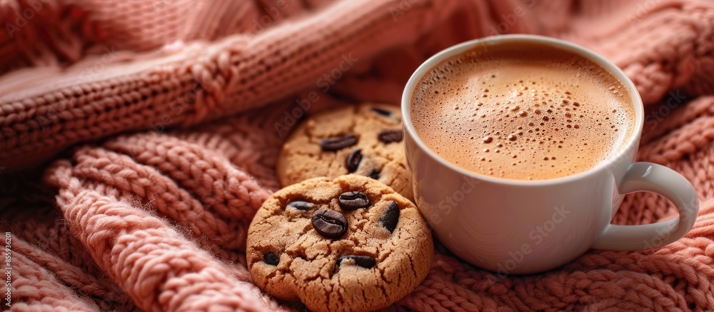 Aufkleber cup of coffee with milk and chocolate cookies on warm knitted coral blanket. copy space image. place