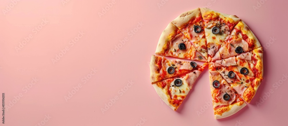 Aufkleber sliced pizza with olives isolated on pastel background. copy space image. place for adding text and 
