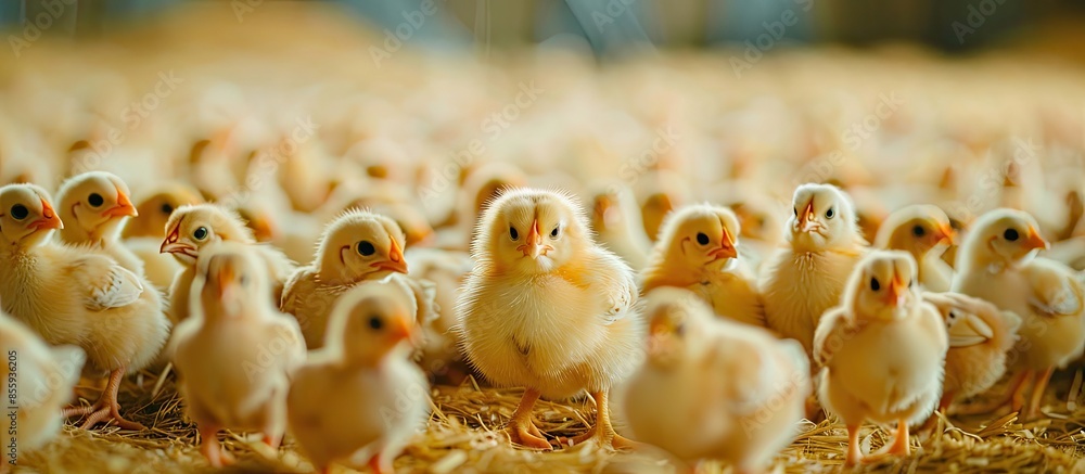 Poster lot of little chickens in a farm. copy space image. place for adding text or design