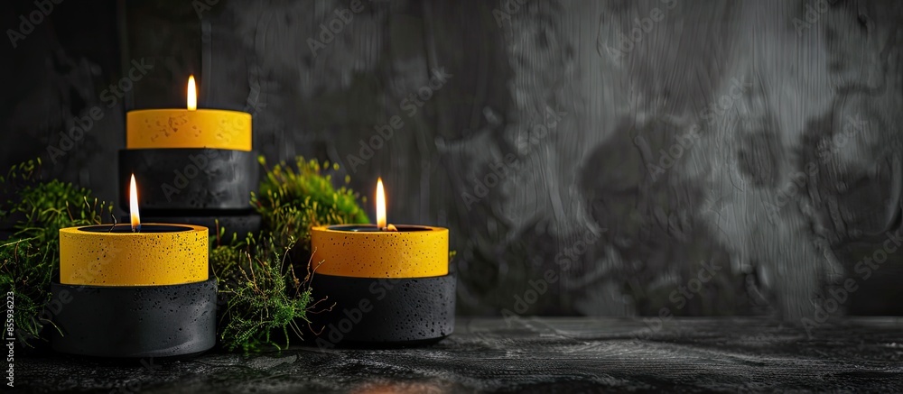 Poster candles and moss in black and yellow concrete candle holders. copy space image. place for adding tex