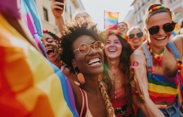 Obraz premium Joyful Rainbow Celebration at Pride Parade: Unity and Diversity in Action - Generative ai