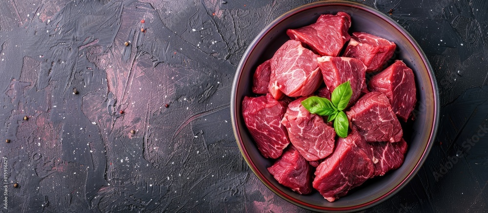 Poster raw meat ,raw meat in a bowl pastel background food. copy space image. place for adding text and des