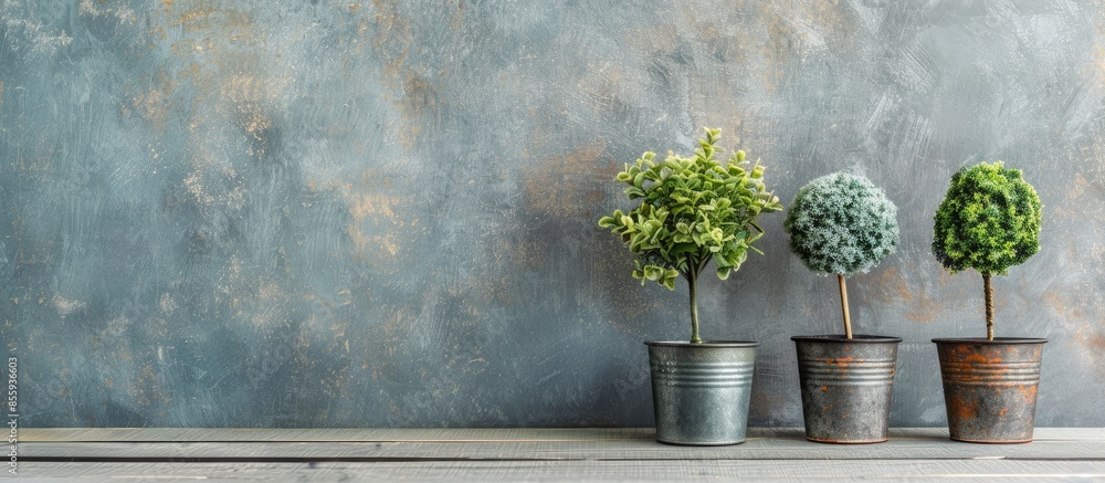 Poster four small trees in metal pot for house decoration. copy space image. place for adding text and desi