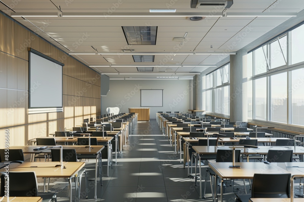 Poster a contemporary classroom with rows of desks and chairs, interactive panels, and natural light stream