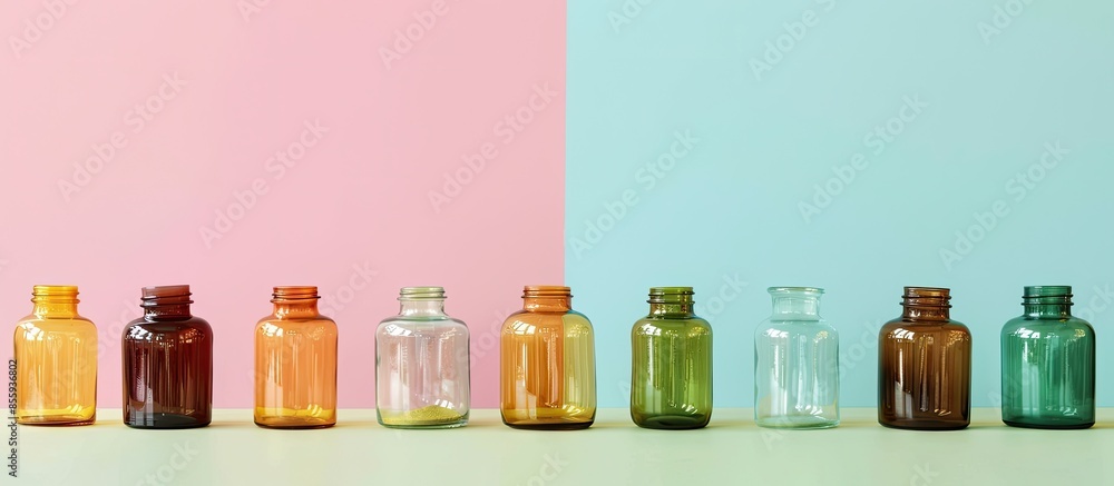 Poster empty pharmaceutical flasks isolated on pastel background. copy space image. place for adding text a