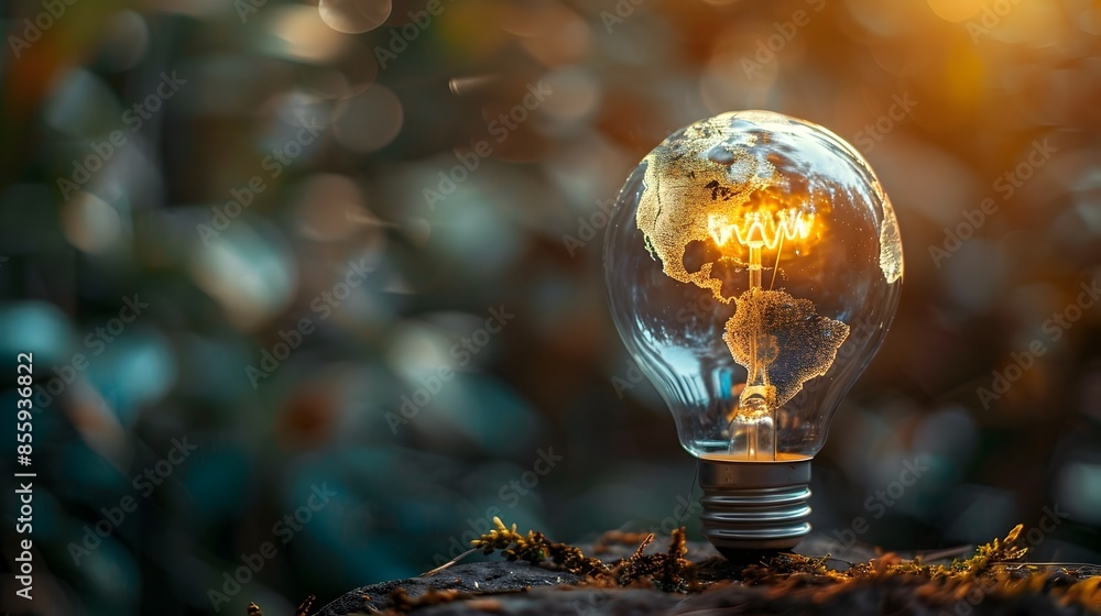 Poster light bulb with globe inside representing global ideas and concept of innovation