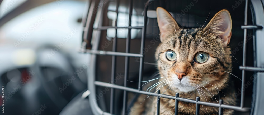 Poster pet carrier with cute cat in car. copy space image. place for adding text and design