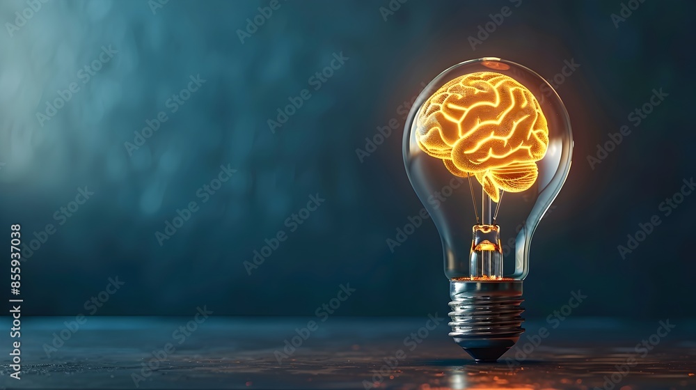 Sticker glowing brain inside lightbulb symbolizing innovative and smart ideas concept