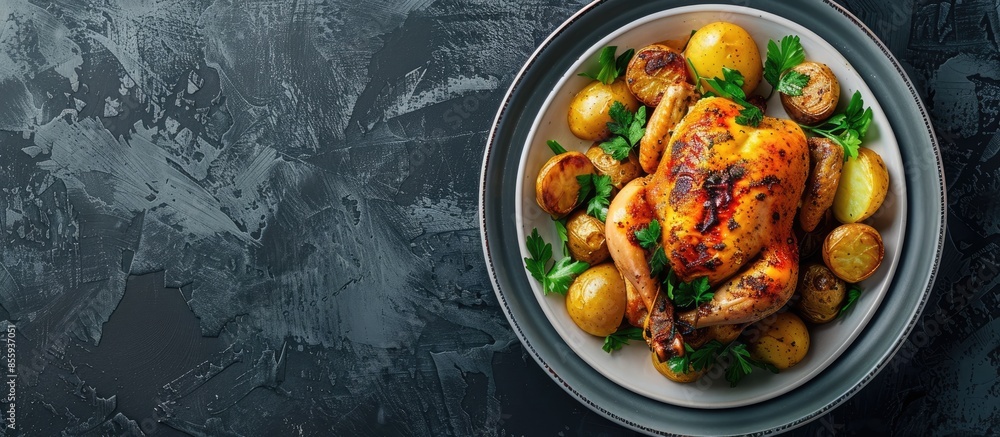 Poster whole chicken roasted in a porcelain bowl with potatoes. copy space image. place for adding text and