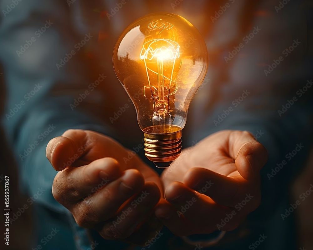 Wall mural hands reaching for a glowing light bulb representing the pursuit of ideas and concept of innovation