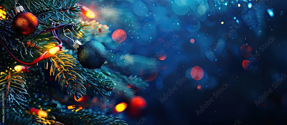 Poster christmas tree with baubles in blue night - ornaments on fir branches with glittering and defocused 
