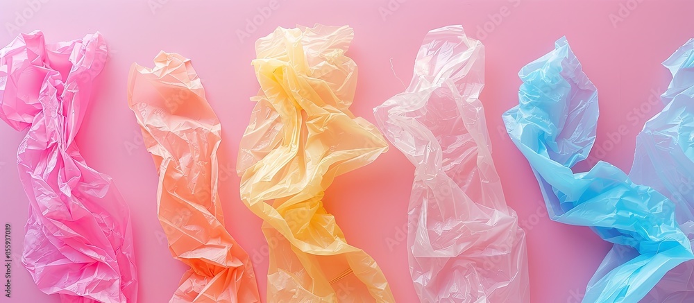 Poster crumpled plastic bag isolated on pastel background, top view. copy space image. place for adding tex