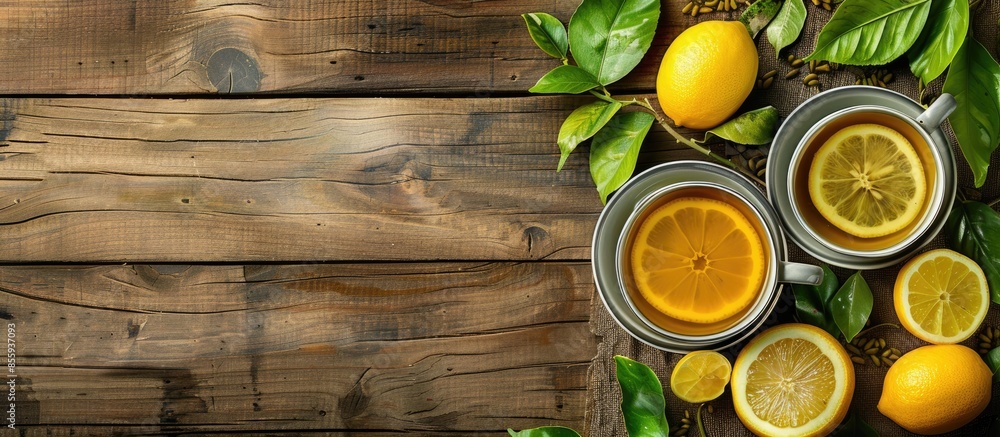 Aufkleber hot green tea with lemon on a wooden table. copy space image. place for adding text and design