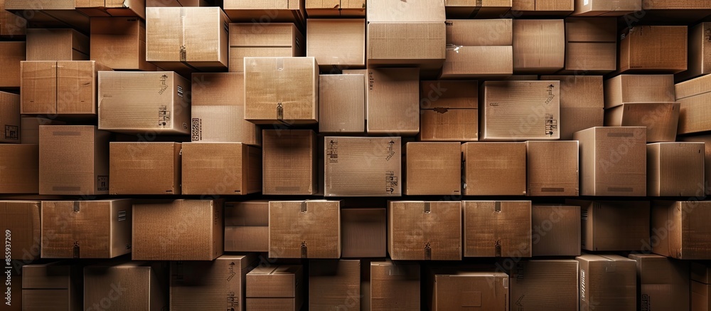Poster background cardboard boxes inside warehouse. logistics center. composition filled with cardboard box