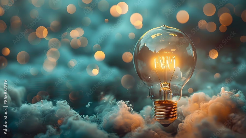 Poster glowing light bulb in a thought bubble representing and idea concept