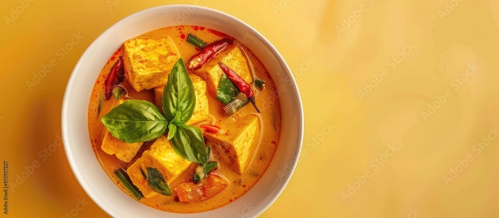 Wall mural tofu or bean curd curry in a white bowl isolated on pastel background. two triangle tofu curry in a 