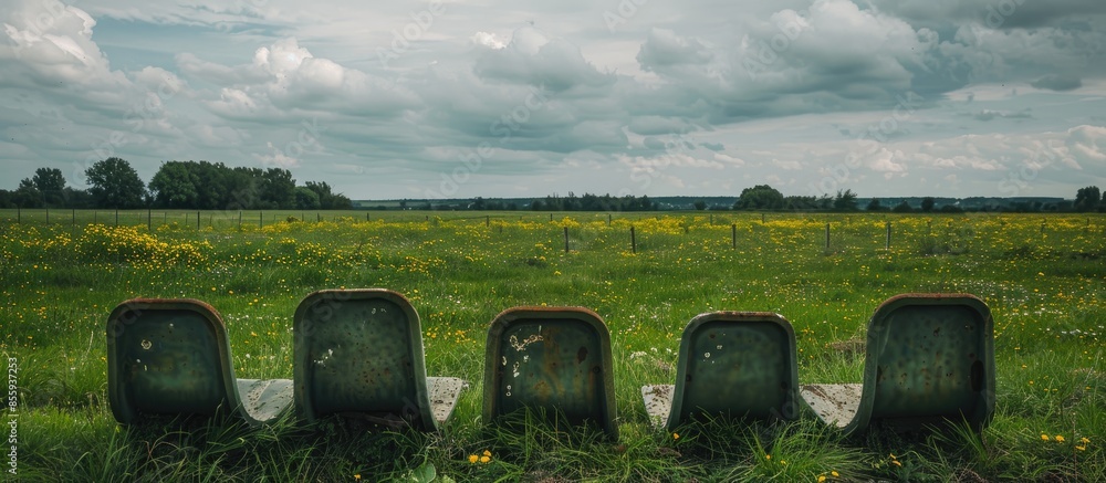 Poster comfortable seats near the field crotalaria. copy space image. place for adding text and design