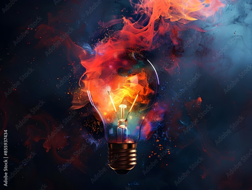 Poster explosive creative idea concept with illuminating light bulb and abstract art explosion