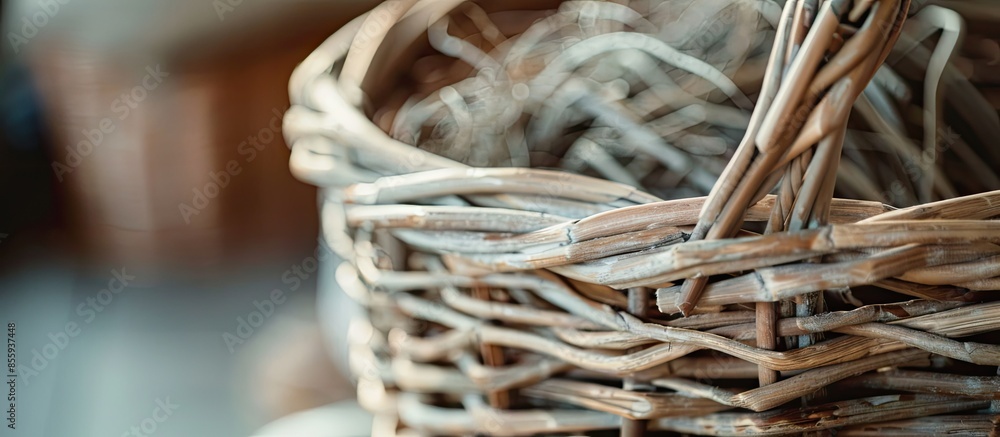 Poster weaving wicker basket indoors, closeup view. materials needed for weaving baskets and other products