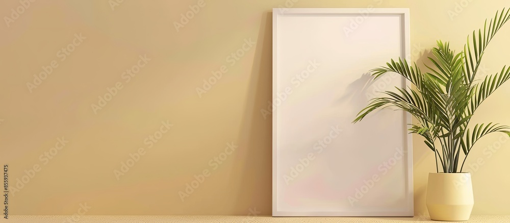 Sticker White empty photo frame and plant in flowepot on beige background . Copy space image. Place for adding text and design