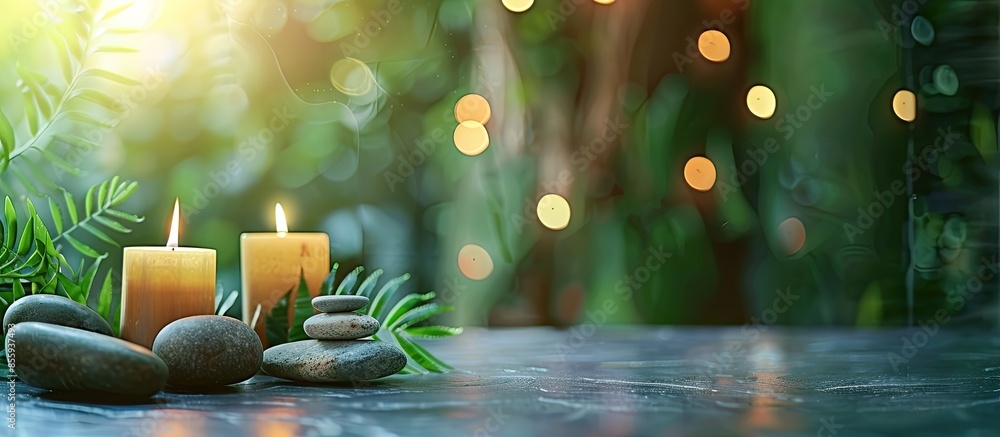 Aufkleber burning candles and spa stones on grey table against blurred green background. copy space image. pla