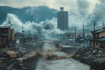 Destructive tsunami engulfing city street with debris and destruction