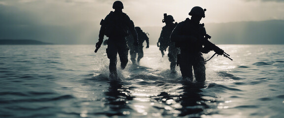 silhouette of underwater commando team advancing on boat in foggy sunrise.