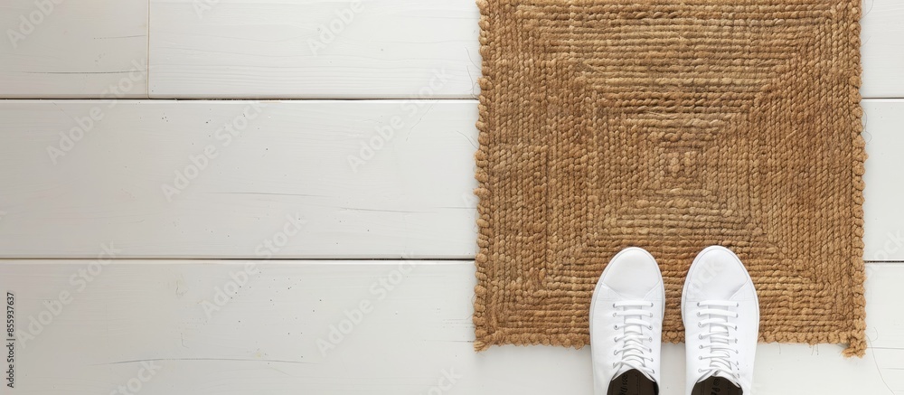 Poster designer welcome entry doormat placed on white floor with white shoes. copy space image. place for a