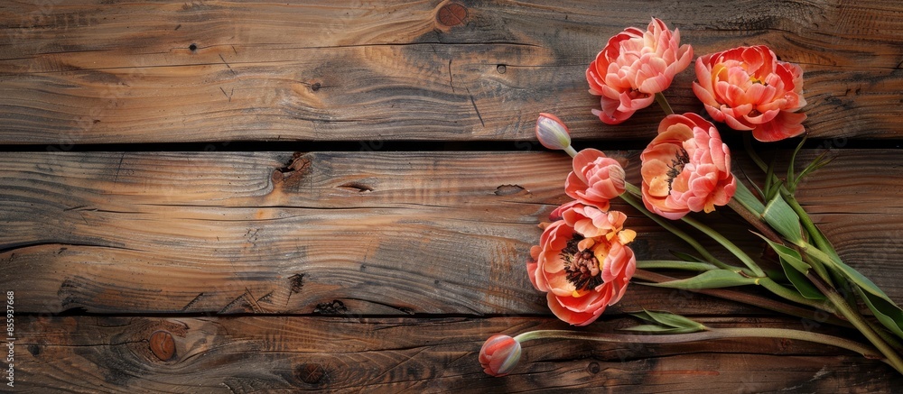 Poster decorative flowers on the table. copy space image. place for adding text and design