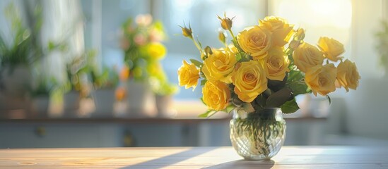 Vase with beautiful yellow roses on table in interior of room. Copy space image. Place for adding text and design