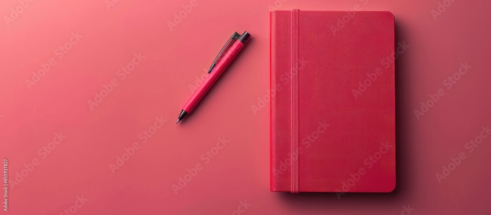 Poster red notebook and pen isolated on pastel background design. copy space image. place for adding text a