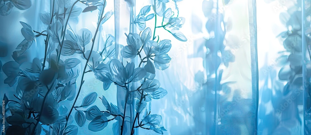 Poster background. a transparent curtain on a window of blue color with blue flowers. light through the cur