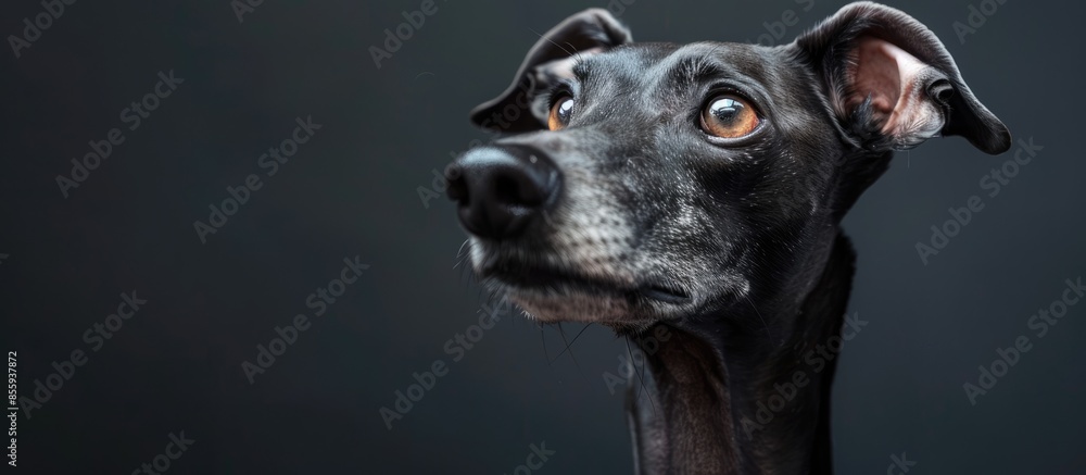 Poster portrait of a greyhound dog. handsome whippet in a photo studio. copy space image. place for adding 