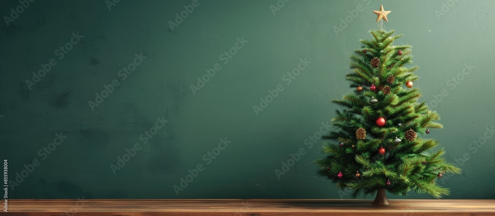 Poster a nice christmas tree with a green tree and a wooden table ideal for advertising or text. copy space