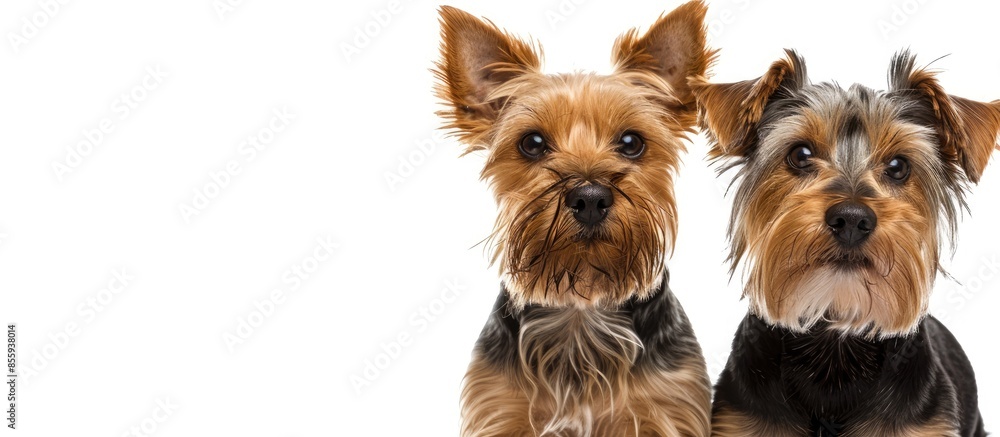 Aufkleber two beautiful yorkrshire terriers together in studio in front of white background. copy space image.