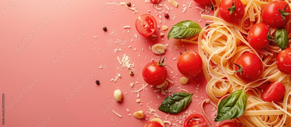 Poster pasta with tomato sauce isolated on a pastel background. copy space image. place for adding text and