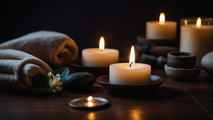 Tranquil spa ambiance, zen-inspired scene with candles against a dark backdrop.