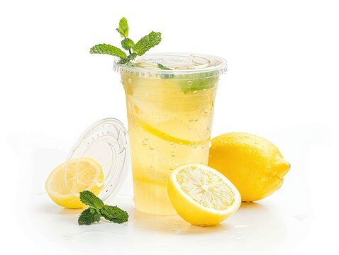 Clear plastic cup filled with sparkling lemonade with mint leaves and a lid, isolated on a white background, studio lighting for a fresh and zesty look