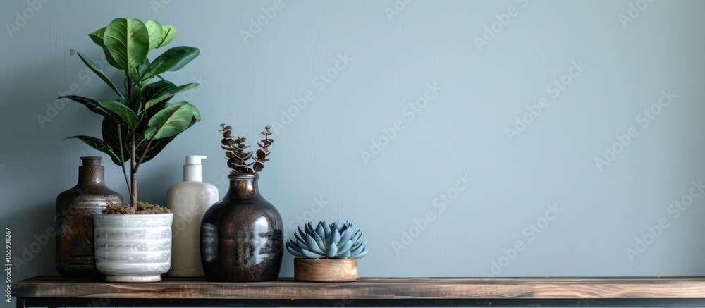 Poster a vertical shot of a decor on a wall shelf. copy space image. place for adding text and design