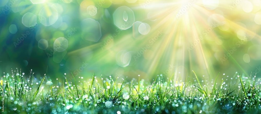 Poster fresh morning dew on a spring grass in early morning. sunny day concept. natural background. copy sp