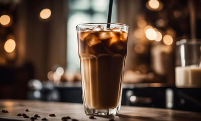Iced coffee in a tall glass with a black straw on a wooden table.