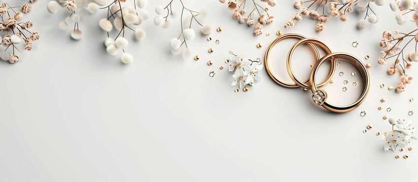 Wedding Rings Banner White Background. Copy space image. Place for adding text and design