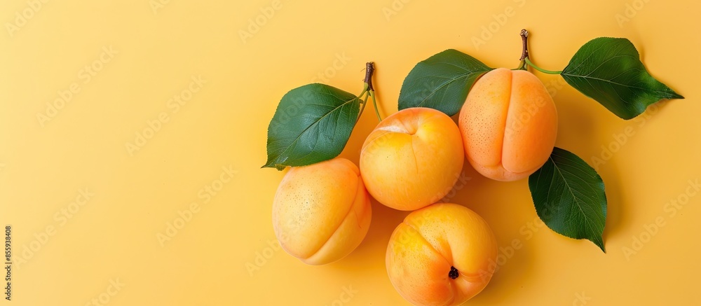 Poster three ripe apricots and apricot twig isolated on the pastel background. copy space image. place for 