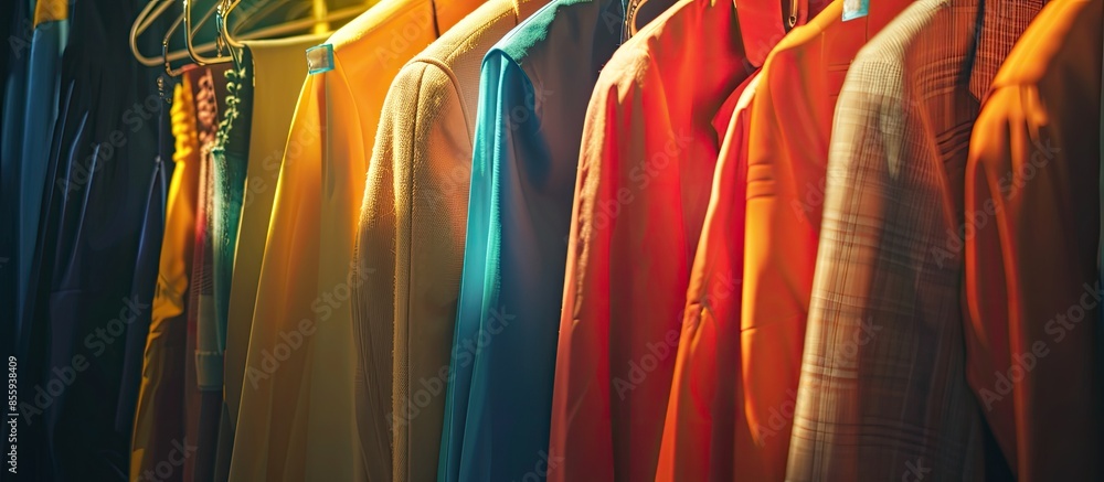Poster collection of clothes hanging on rack in dressing room. copy space image. place for adding text or d