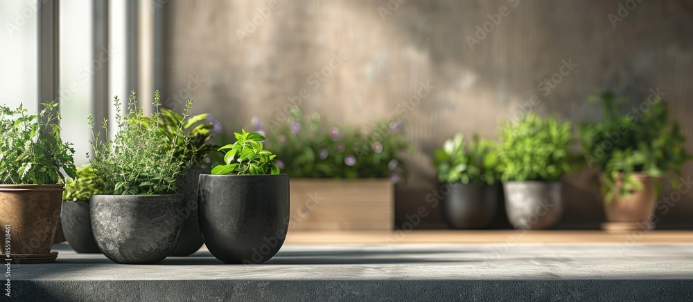 Poster different potted herbs in room. interior design. copy space image. place for adding text and design