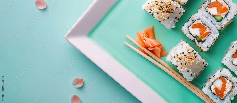 Aufkleber a close up shot of sweet sushi roll with chopsticks on a white tray pastel background. copy space im