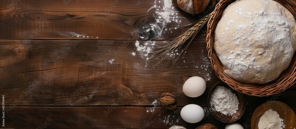 Poster bread dough and ingredients resting in basket on table. copy space image. place for adding text and 