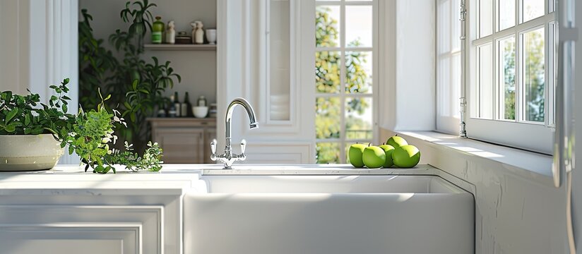 a kitchen sink with green apples on the countertop in front of it and an open door to the bathroom behind. Copy space image. Place for adding text and design