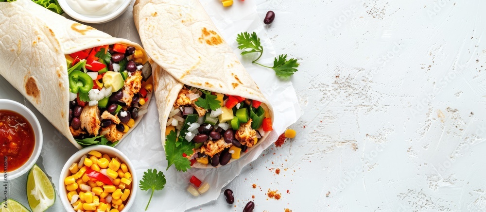 Poster chicken burrito with rice and black beans on pastel background. copy space image. place for adding t